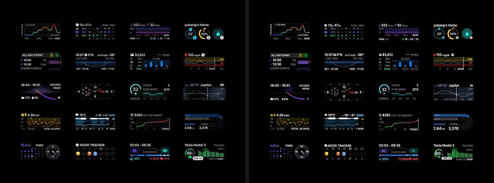 Watch complications reference design next to its smooth, anti-aliased pixi-silk rebuild in PixiJS v8
